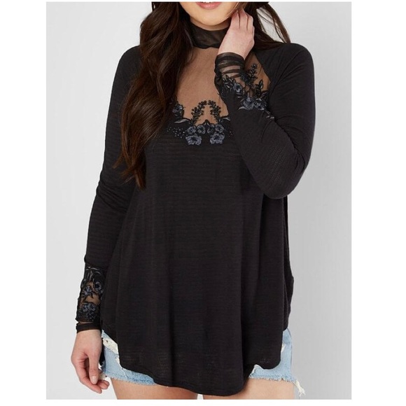 Free People Black Saheli Floral Embroidered Lace Mesh Tunic Blouse Top Sz Small - Picture 1 of 16